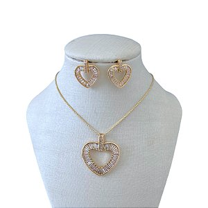 Conjunto Folheado Ouro 18k e Prata 925 Coração Cravejado