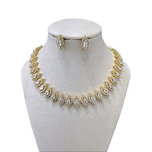 Conjunto Folheado Ouro 18k e Prata 925 Navetes Cravejado
