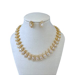 Conjunto Folheado Ouro 18k e Prata 925 Navetes Cravejado