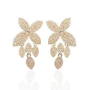 Brinco Folheado Ouro 18k e Prata 925 Folhas Cravejada
