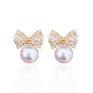 Brinco Folheado Ouro 18k e Prata 925 Laço Cravejado Pérola