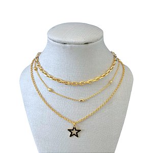 Colar Triplo Folheado Ouro 18k Bolinhas Estrela