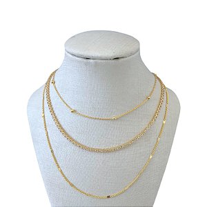 Colar Triplo Folheado Ouro 18k Riviera Corações