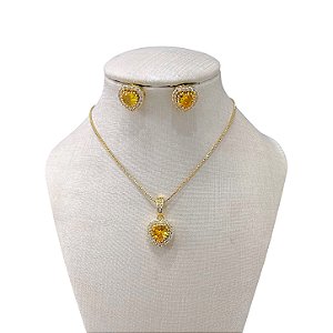 Conjunto Folheado Ouro 18k e Prata 925 Coração Cravejado