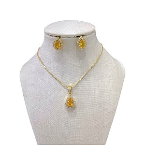 Conjunto Folheado Ouro 18k e Prata 925 Gota Cravejada