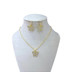 Conjunto Folheado Ouro 18k Borboleta Strass
