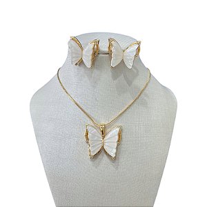Conjunto Folheado Ouro 18k Borboleta Madrepérola
