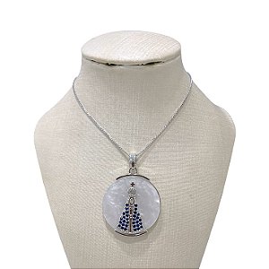 Colar Folheado Ouro 18k e Prata 925 Nossa Senhora Madrepérola Cravejada