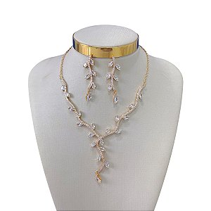 Conjunto Folheado Ouro 18k e Prata 925 Folhas Riviera Cravejada