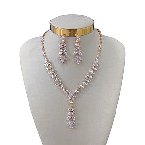 Conjunto Folheado Ouro 18k e Prata 925 Folhas Riviera Cravejada