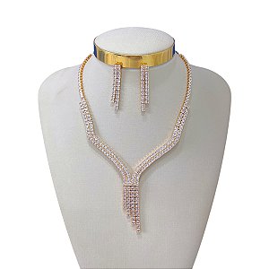 Conjunto Folheado Ouro 18k e Prata 925 Franjas Riviera Cravejada