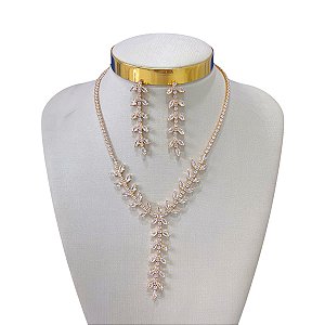 Conjunto Folheado Ouro 18k e Prata 925 Folhas Riviera Cravejada