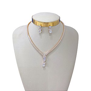 Conjunto Folheado Ouro 18k e Prata 925 Gota Triangulo Riviera Cravejada