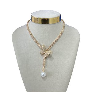 Colar Folheado Ouro 18k e Prata 925 Gravatinha Riviera Borboleta Cravejada Pérola