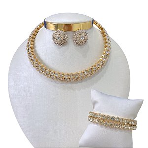 Conjunto Aro Strass Bijuteria Dourado e Prata Duplo Redondo