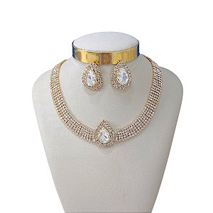 Conjunto Bijuteria Dourado e Prata Malha Strass Gota