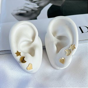 Trio Brincos Folheado Ouro 18k e Prata 925 Estrela Lua Coração