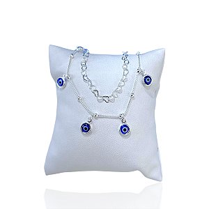 Pulseira Folheada Prata 925 Dupla Olho Grego Corações