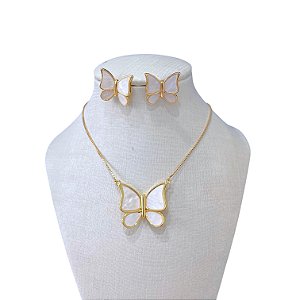 Conjunto Folheado Ouro 18k e Prata 925 Borboleta Madrepérola