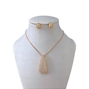 Conjunto Folheado Ouro 18k e Prata 925 Gota Comprida Cravejada