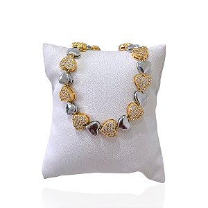 Pulseira Folheada Dois Banhos Corações Cravejado