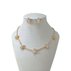 Conjunto Folheado Ouro 18k e Prata 925 Riviera Gotas Cravejada
