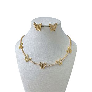 Conjunto Folheado Ouro 18k e Prata 925 Riviera Borboleta Cravejada