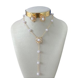 Conjunto Folheado Ouro 18k e Prata 925 Flor Gravatinha Madrepérolas