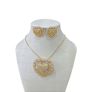 Conjunto Folheado Ouro 18k e Prata 925 Coração Cravejado