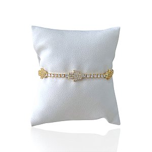 Pulseira Folheada Ouro 18k e Prata 925 Mão de Iansã Cravejada Trava
