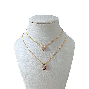 Colar Duplo Folheado Ouro 18k e Prata 925 Gota Ponto de Luz