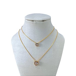 Colar Duplo Folheado Ouro 18k e Prata 925 Coração Ponto de Luz