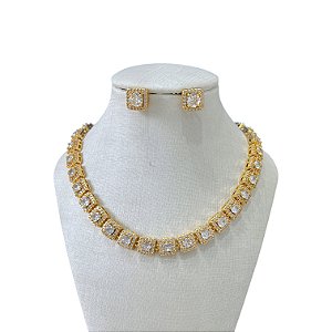 Conjunto Folheado Ouro 18k e Prata 925 Quadrado Cravejado