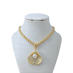 Colar Folheado Ouro 18k Sereismo Correntaria Concha Cravejada