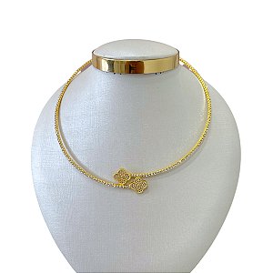 Choker Folheada Ouro 18k e Prata 925 Aro Strass Trevo