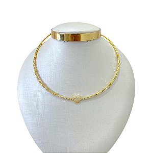 Choker Folheada Ouro 18k e Prata 925 Aro Strass Coração