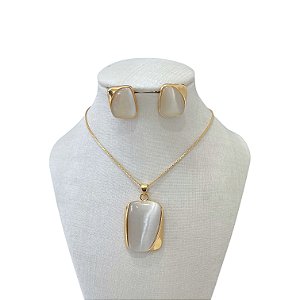 Conjunto Folheado Ouro 18k e Prata 925 Pedraria Quadrado