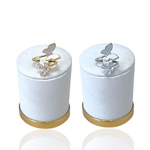 Anel Ajustável Bijuteria Dourado e Prata Borboleta Cravejada