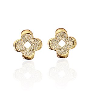 Brinco Folheado Ouro 18k e Prata 925 Trevo Cravejado