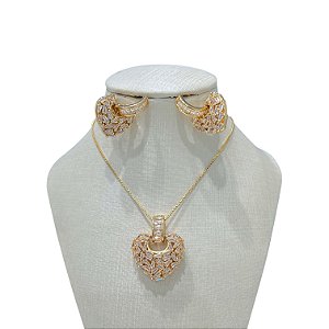 Conjunto Folheado Ouro 18k e Prata 925 Coração Cravejado