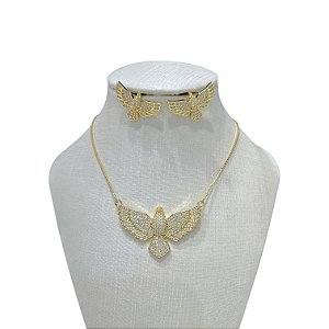 Conjunto Folheado Ouro 18k e Prata 925 Espírito Santo Cravejado Grande