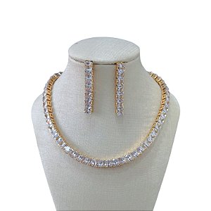 Conjunto Folheado Ouro 18k e Prata 925 Riviera Quadrado Cravejado