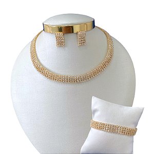 Conjunto Bijuteria Dourado e Prata Malha Strass