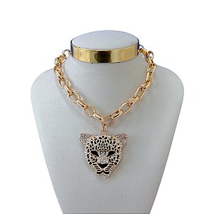 Colar Bijuteria Dourado e Prata Correntaria Elos Tigre Cravejado