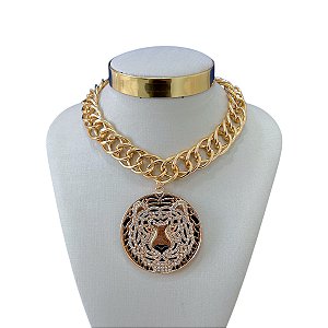 Colar Bijuteria Dourado e Prata Correntaria Elos Trançado Tigre Cravejado