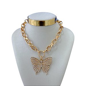 Colar Bijuteria Dourado e Prata Correntaria Elos Borboleta Cravejada