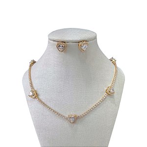 Conjunto Folheado Ouro 18k e Prata 925 Riviera Corações Cravejado