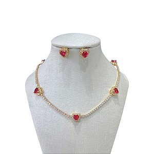 Conjunto Folheado Ouro 18k e Prata 925 Riviera Corações Cravejado