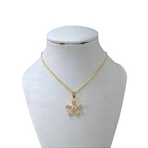 Colar Folheado Ouro 18k Flor Cravejada