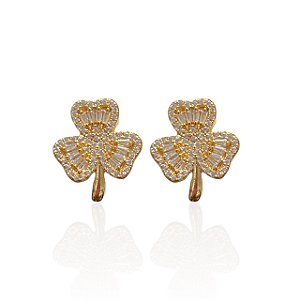 Brinco Folheado Ouro 18k e Prata 925 Trevo Cravejado